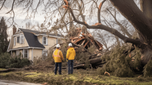 Photo of a pair of arborists looking at a fallen tree