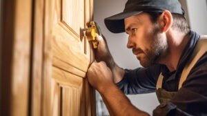 Handyman with great software working on a door