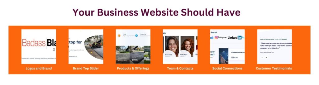 Every website should have logos top slider, products and offerings team, contacts, social connections, and customer testimonials
