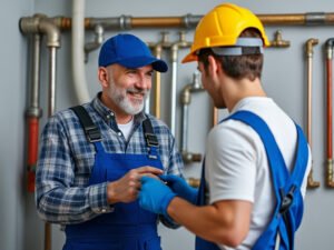 Plumber teaching his apprentice