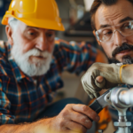 An older plumber teaching an apprentice