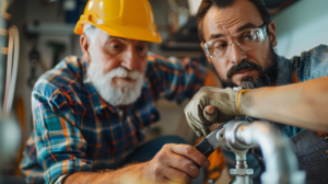 An older plumber teaching an apprentice